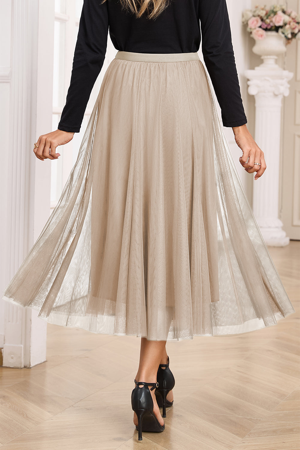 Apricot Tulle Mesh Overlay Flared Midi Skirt-Bottoms/Skirts & Petticoat-[Adult]-[Female]-2022 Online Blue Zone Planet