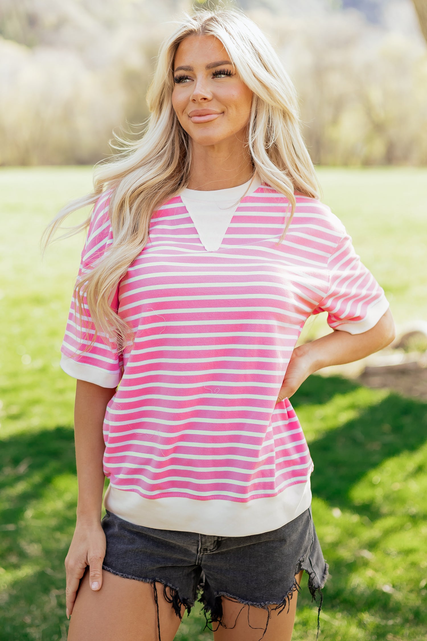 Pink Stripe Round Neck Drop Shoulder Short Sleeve Loose Top-Tops/Tops & Tees-[Adult]-[Female]-2022 Online Blue Zone Planet
