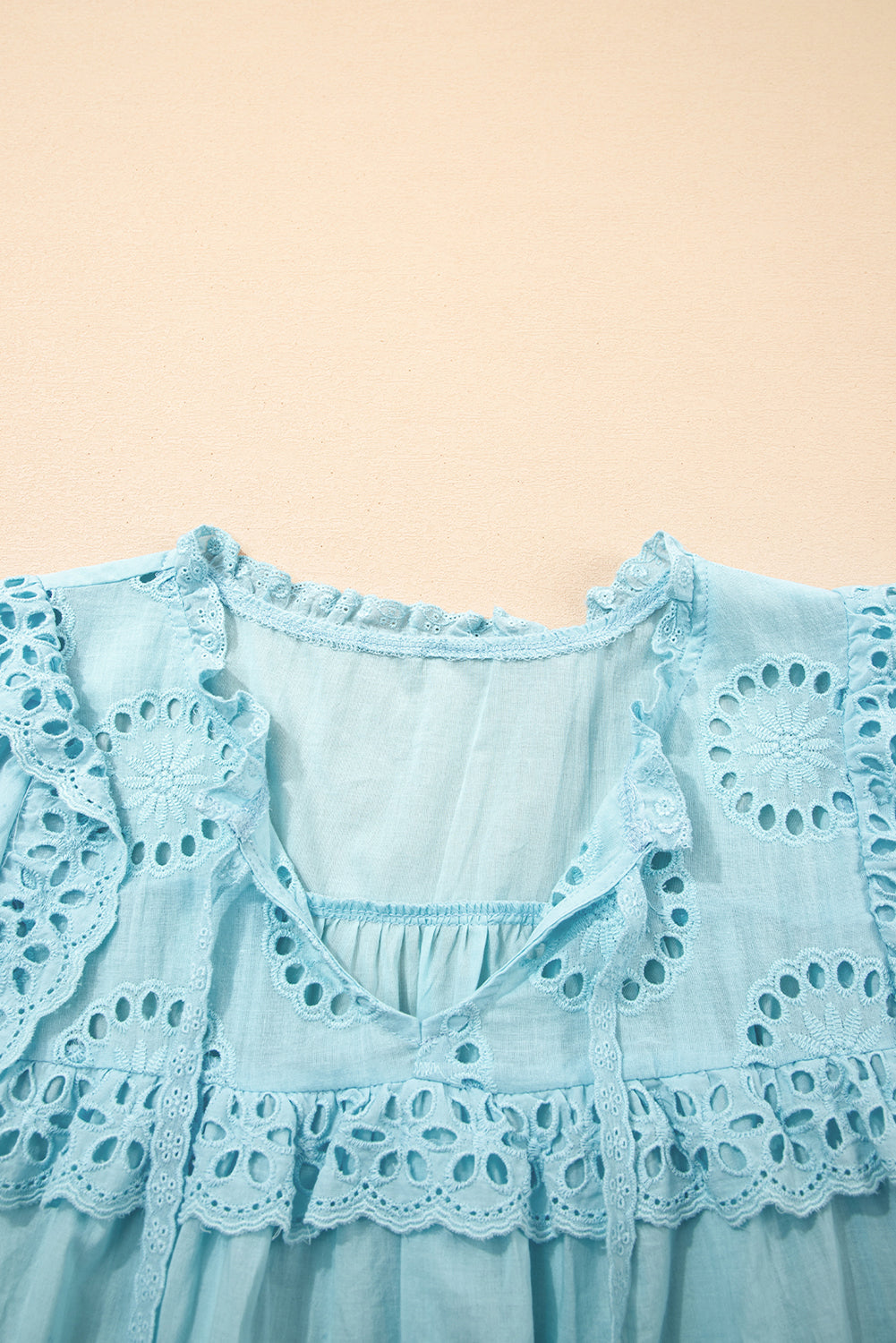 Mist Blue Embroidered Lace Patchwork Tie Neck Puff Short Sleeve Blouse-Tops/Blouses & Shirts-[Adult]-[Female]-2022 Online Blue Zone Planet