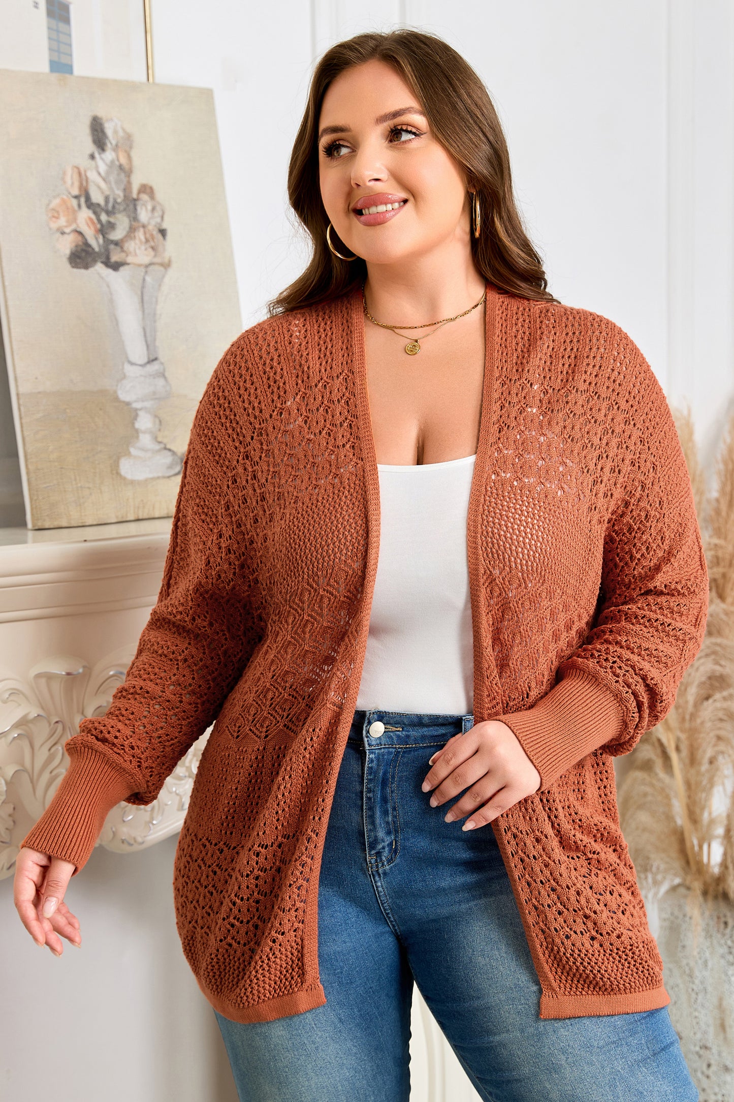 Redwood Burl Mixed Pattern Knitted Open Front Plus Cardigan-Plus Size/Plus Size Sweaters & Cardigans-[Adult]-[Female]-2022 Online Blue Zone Planet