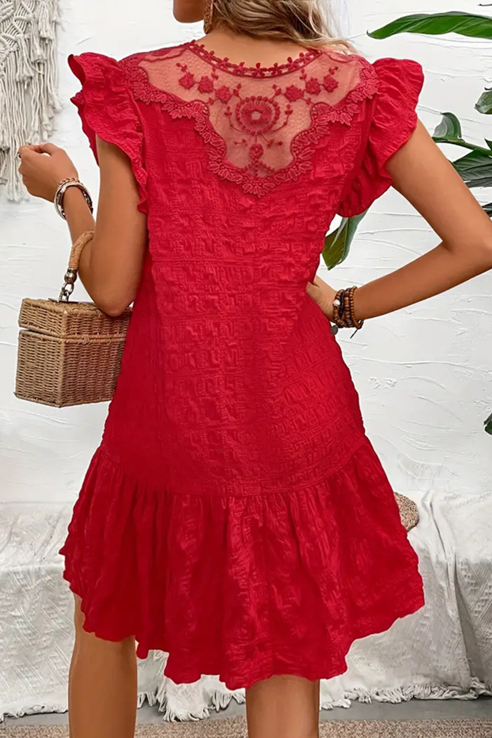 Fiery Red Solid Color Ruffle Trim Sleeveless Dress-Short Dresses-[Adult]-[Female]-Fiery Red-S-2022 Online Blue Zone Planet