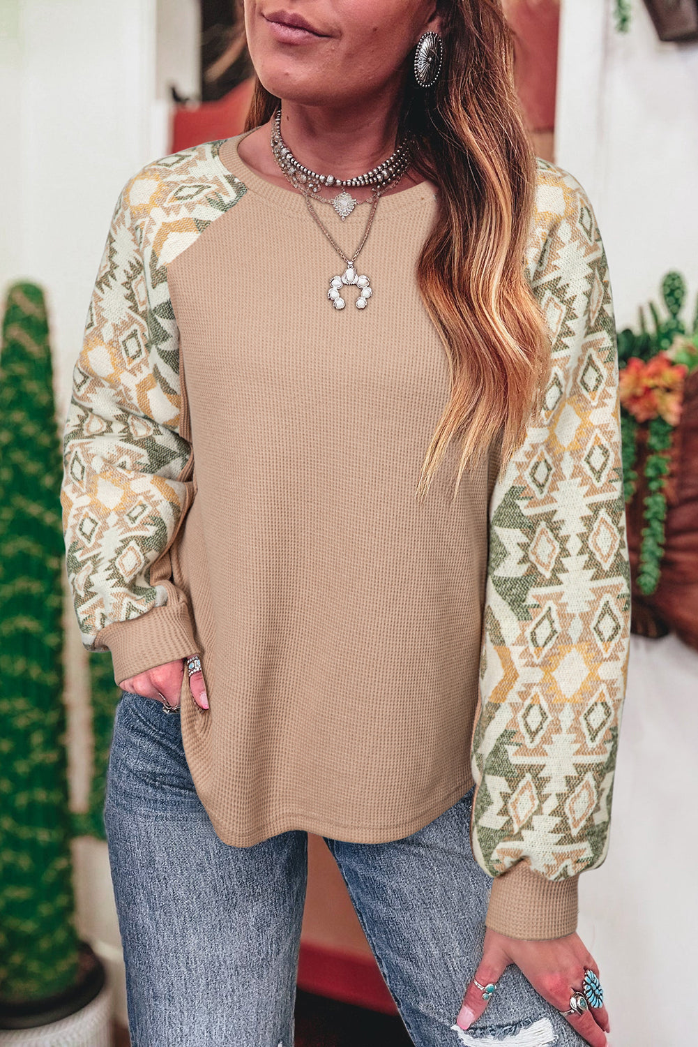Smoke Gray Waffle Aztec Patchwork Raglan Sleeve Knit Top-Tops/Long Sleeve Tops-[Adult]-[Female]-Smoke Gray-S-2022 Online Blue Zone Planet