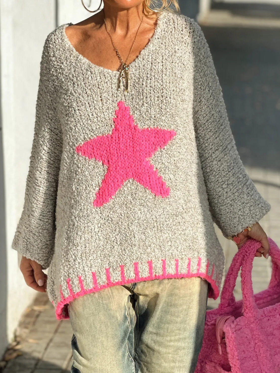 Blue Zone Planet | Star V-Neck Long Sleeve Oversize Sweater-TOPS / DRESSES-[Adult]-[Female]-Hot Pink-S/M-2022 Online Blue Zone Planet