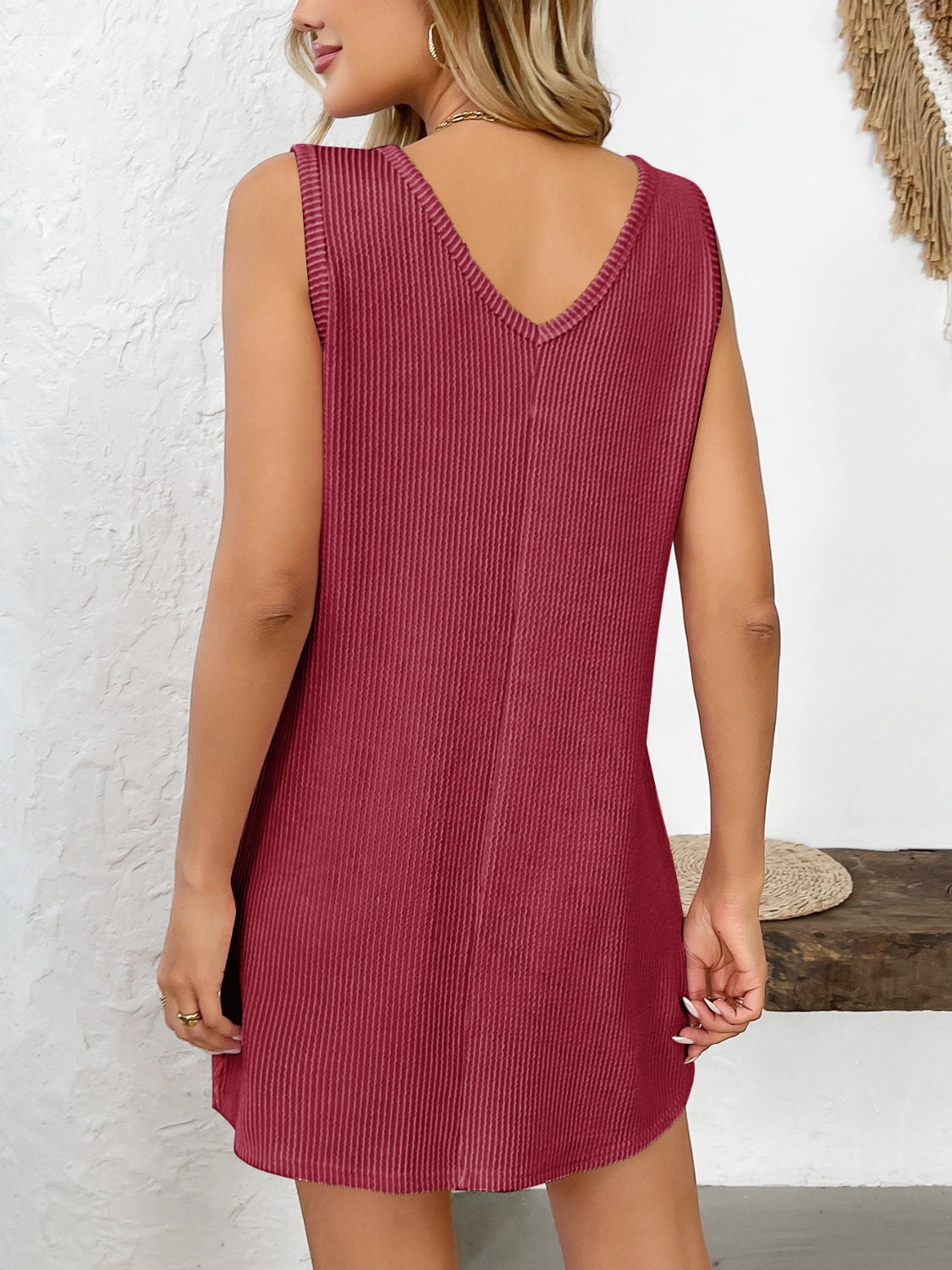 Texture Pocketed V-Neck Tank Dress-TOPS / DRESSES-[Adult]-[Female]-2022 Online Blue Zone Planet