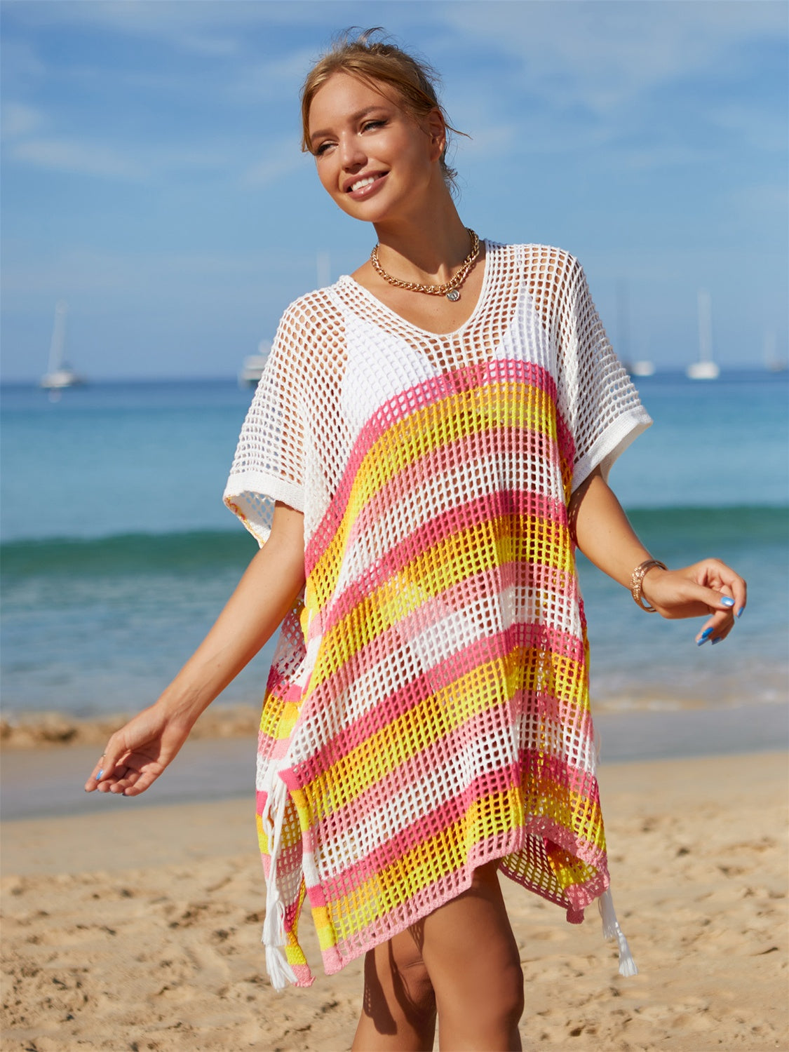 Cutout Striped Cover-Up with Tassel-TOPS / DRESSES-[Adult]-[Female]-Pink-One Size-2022 Online Blue Zone Planet