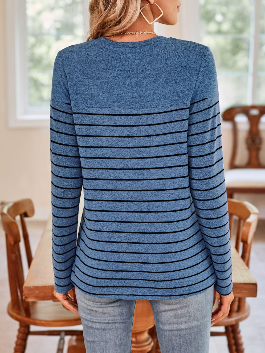 Blue Zone Planet | Lovelet Quarter Button Striped Round Neck Long Sleeve T-Shirt-TOPS / DRESSES-[Adult]-[Female]-2022 Online Blue Zone Planet