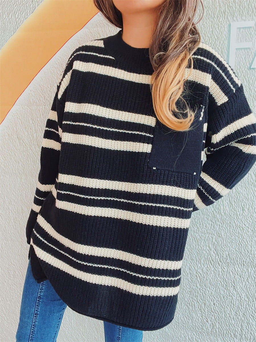 Blue Zone Planet | Striped Round Neck Long Sleeve Sweater-TOPS / DRESSES-[Adult]-[Female]-2022 Online Blue Zone Planet