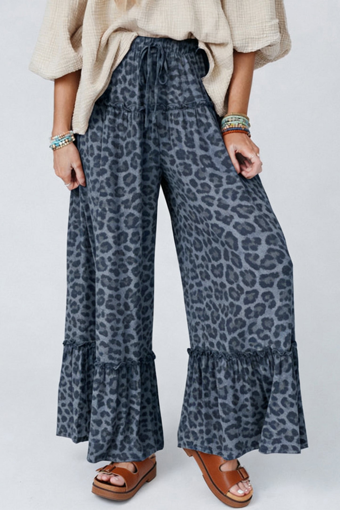 Gray Wild Leopard Print Frilled Detail Drawstring Wide Leg Pants-Bottoms/Pants & Culotte-[Adult]-[Female]-Gray-S-2022 Online Blue Zone Planet
