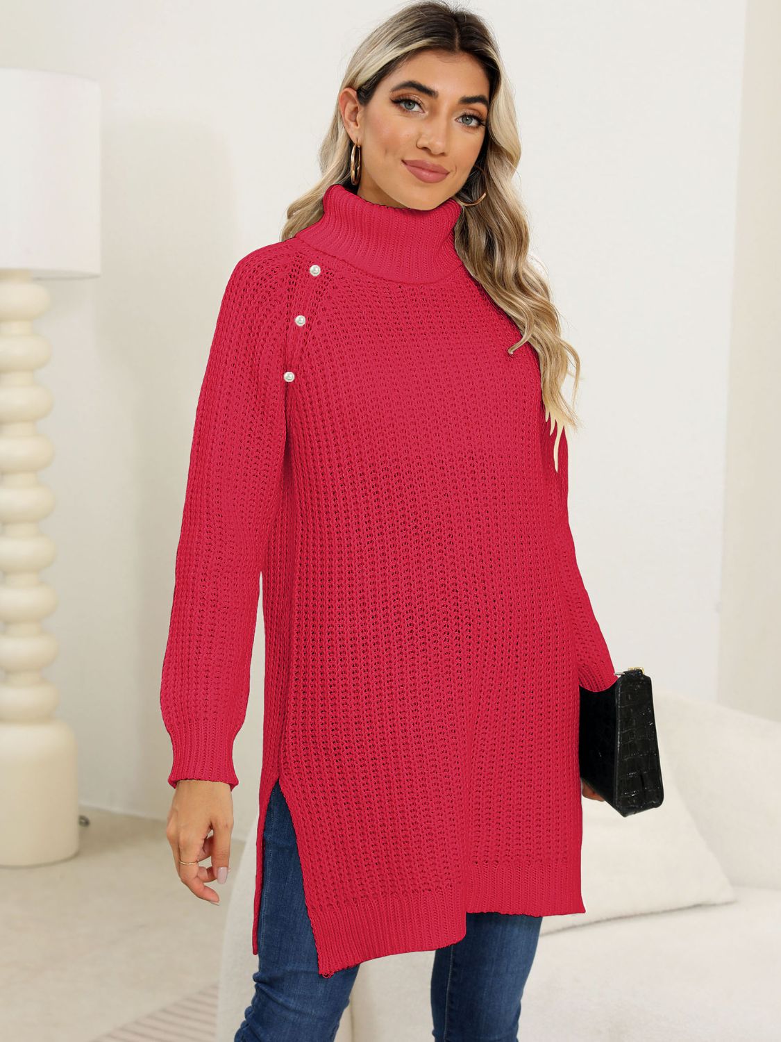 Slit Turtleneck Long Sleeve Sweater-TOPS / DRESSES-[Adult]-[Female]-2022 Online Blue Zone Planet