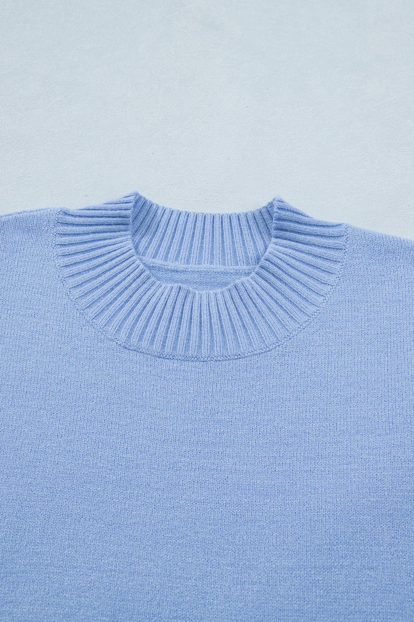 Beau Blue Solid Color Ribbed Trim Round Neck Ruffle Short Sleeve Sweater-TOPS / DRESSES-[Adult]-[Female]-2022 Online Blue Zone Planet