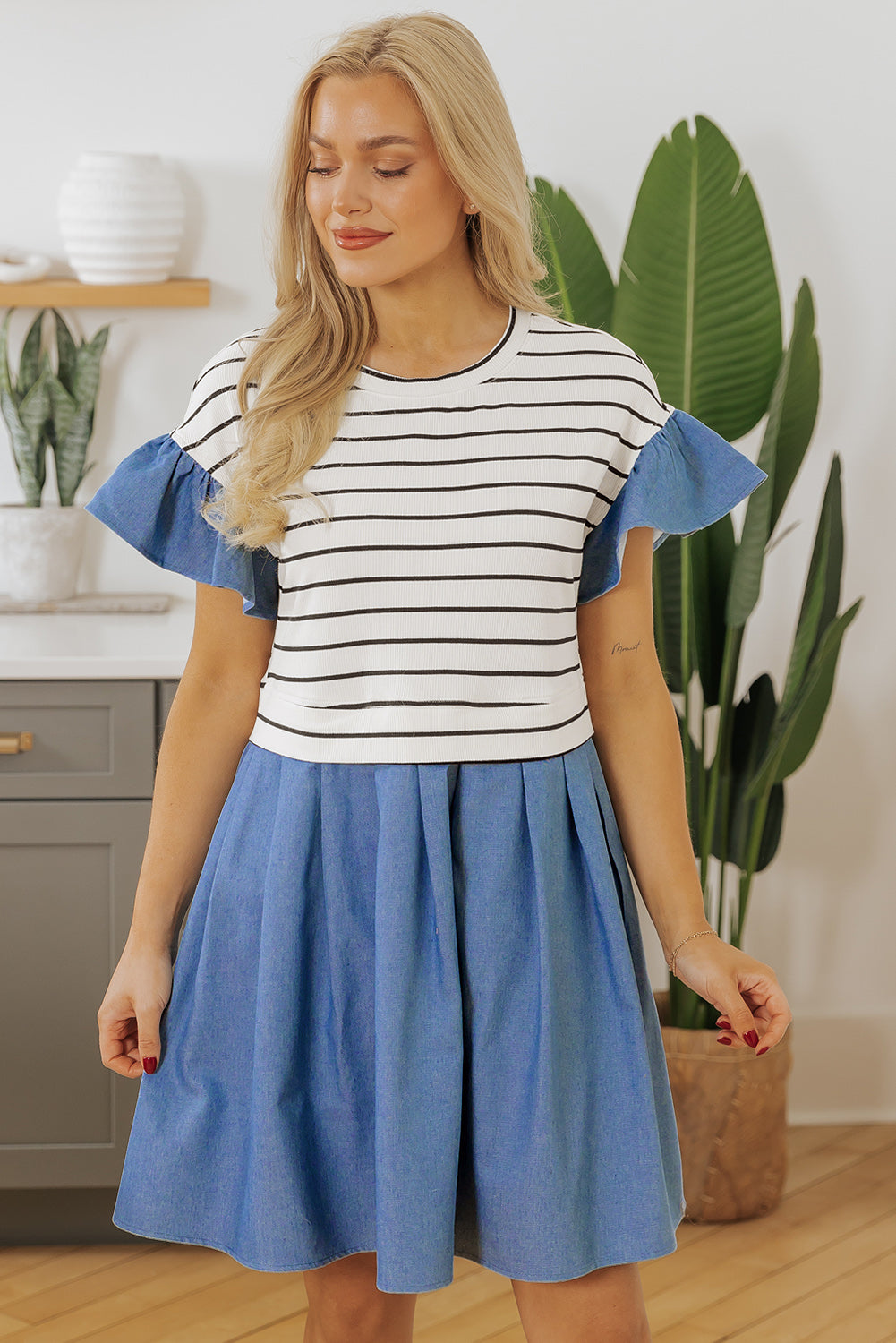 Black Stripe Ruffle Denim Patchwork Round Neck Mini Dress-Dresses/Mini Dresses-[Adult]-[Female]-Black Stripe-S-2022 Online Blue Zone Planet