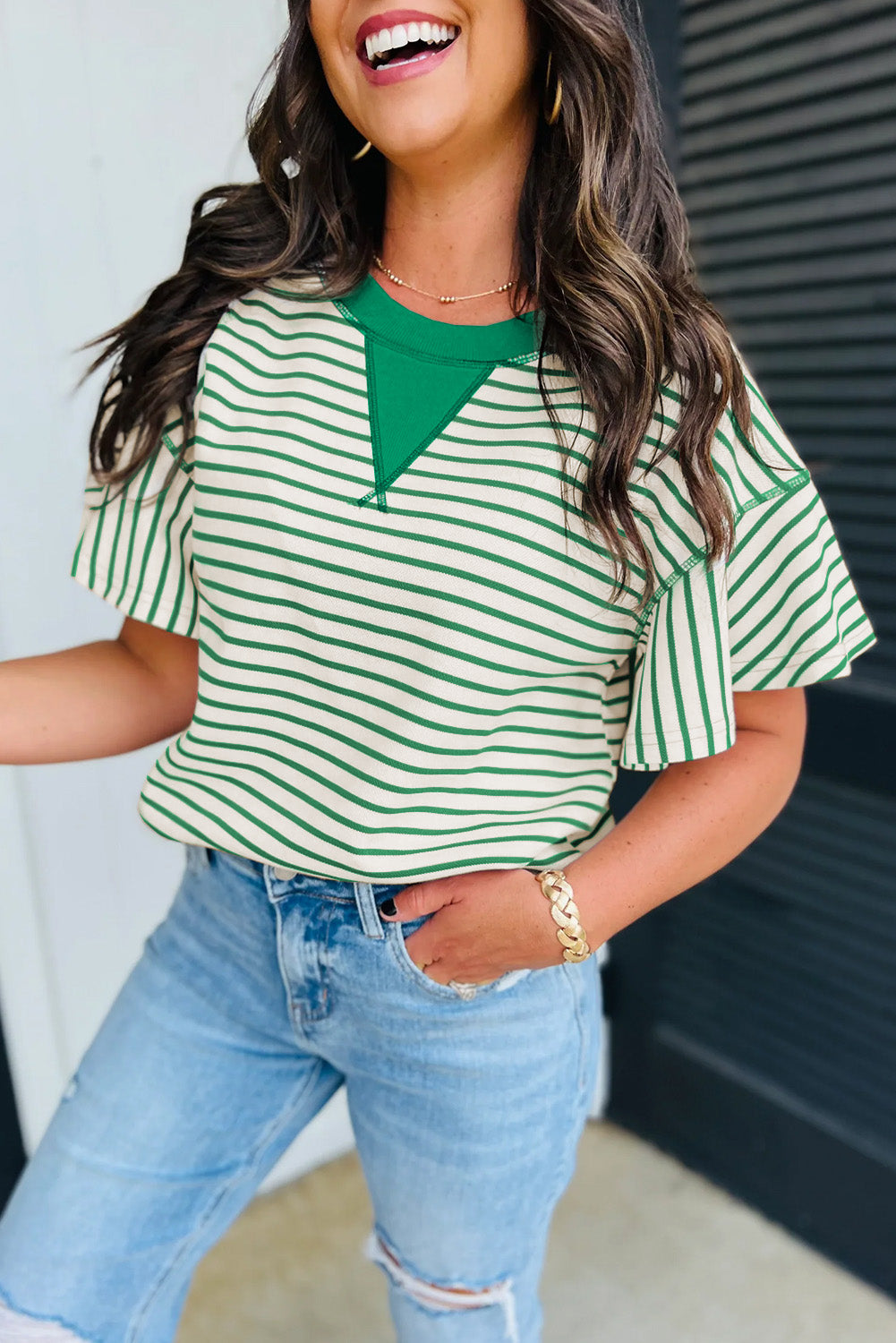 Bright Green Contrast Detail Striped Ruffle Short Sleeve Top-Tops/Blouses & Shirts-[Adult]-[Female]-2022 Online Blue Zone Planet