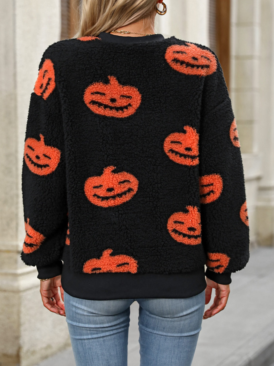 Fuzzy Pumpkin Round Neck Dropped Shoulder Sweater-TOPS / DRESSES-[Adult]-[Female]-2022 Online Blue Zone Planet