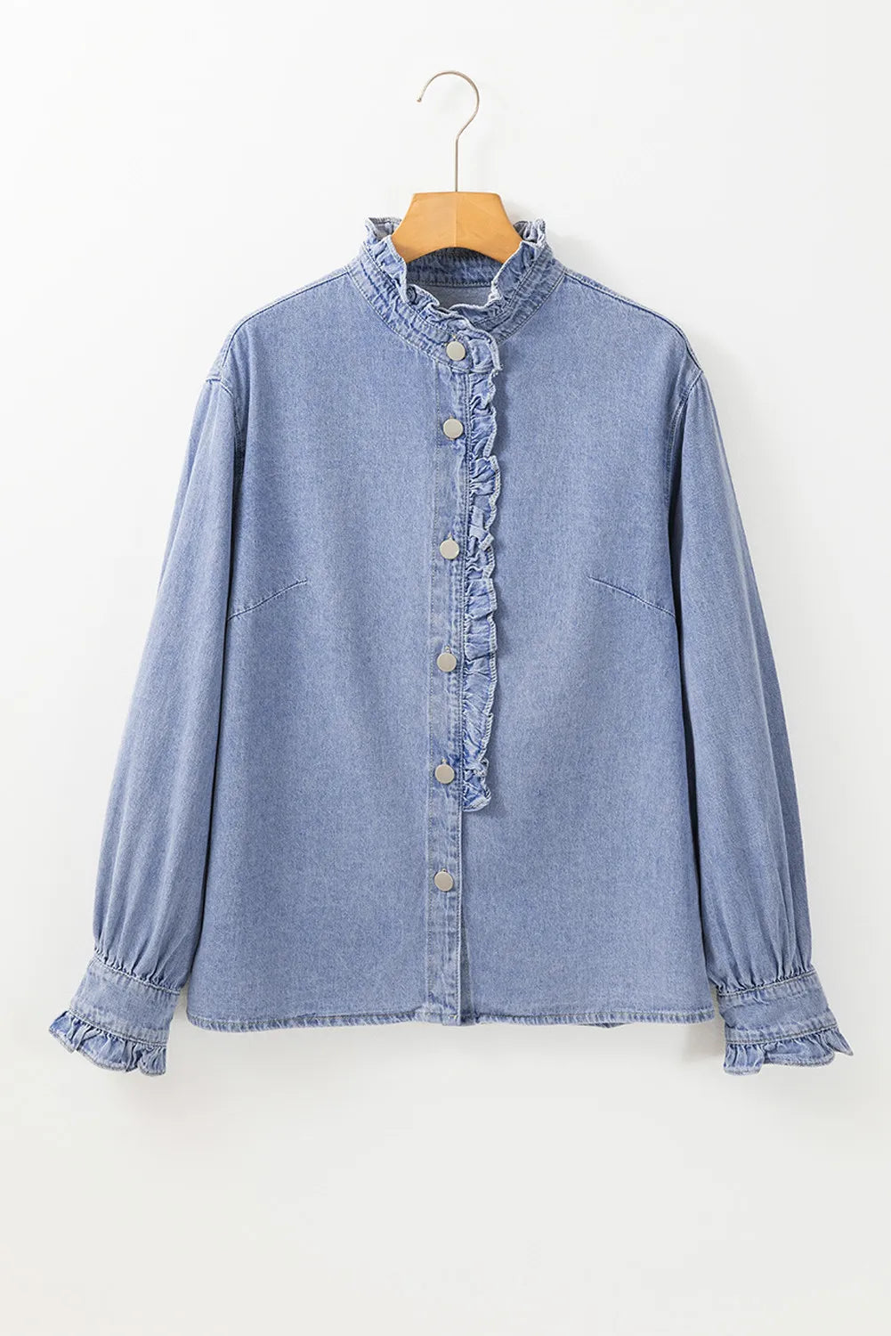 Frill Button Up Long Sleeve Denim Top-TOPS / DRESSES-[Adult]-[Female]-2022 Online Blue Zone Planet