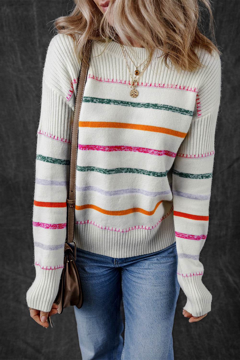 Blue Zone Planet | Black Colorful Striped Ribbed Trim Sweater-Sweaters & Cardigans/Sweaters-[Adult]-[Female]-White-S-2022 Online Blue Zone Planet