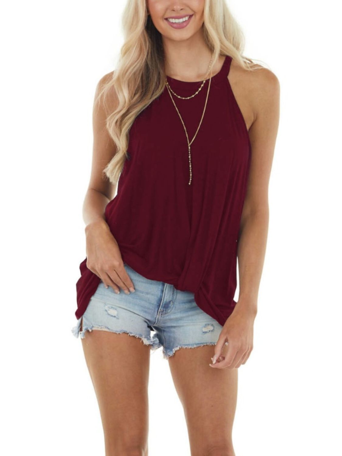 Blue Zone Planet | Ruched Round Neck Top-TOPS / DRESSES-[Adult]-[Female]-Burgundy-S-2022 Online Blue Zone Planet