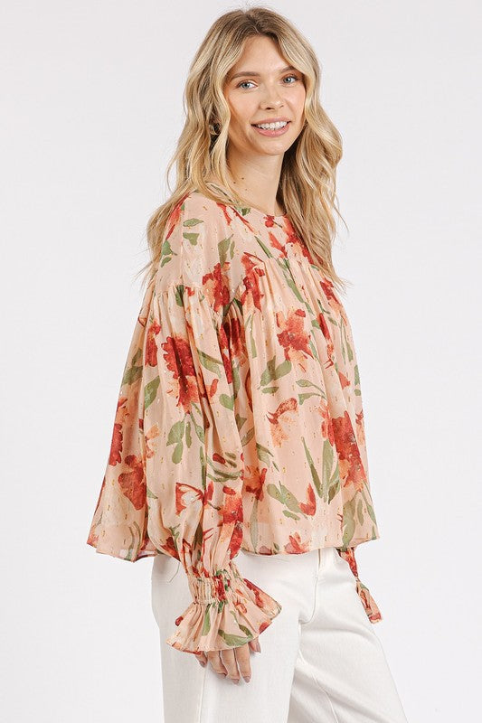 Mittoshop Floral Round Neck Flounce Sleeve Blouse-TOPS / DRESSES-[Adult]-[Female]-2022 Online Blue Zone Planet