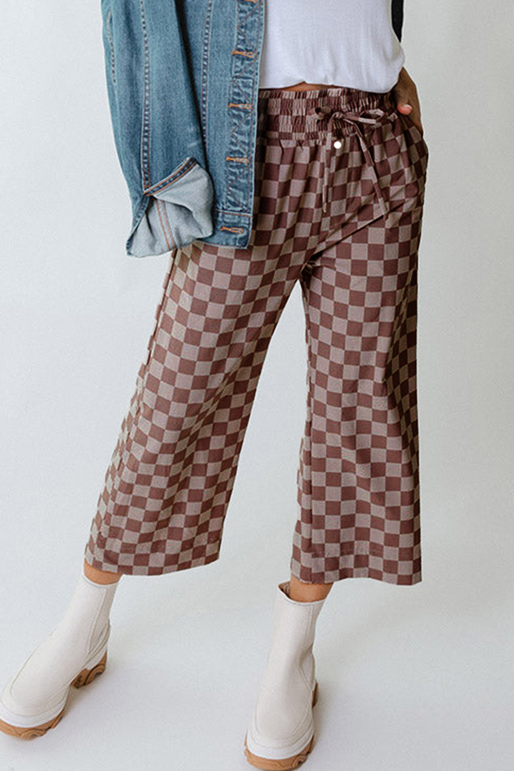 Khaki Checkered Elastic High Waist Loose Casual Pants-Bottoms/Pants & Culotte-[Adult]-[Female]-2022 Online Blue Zone Planet