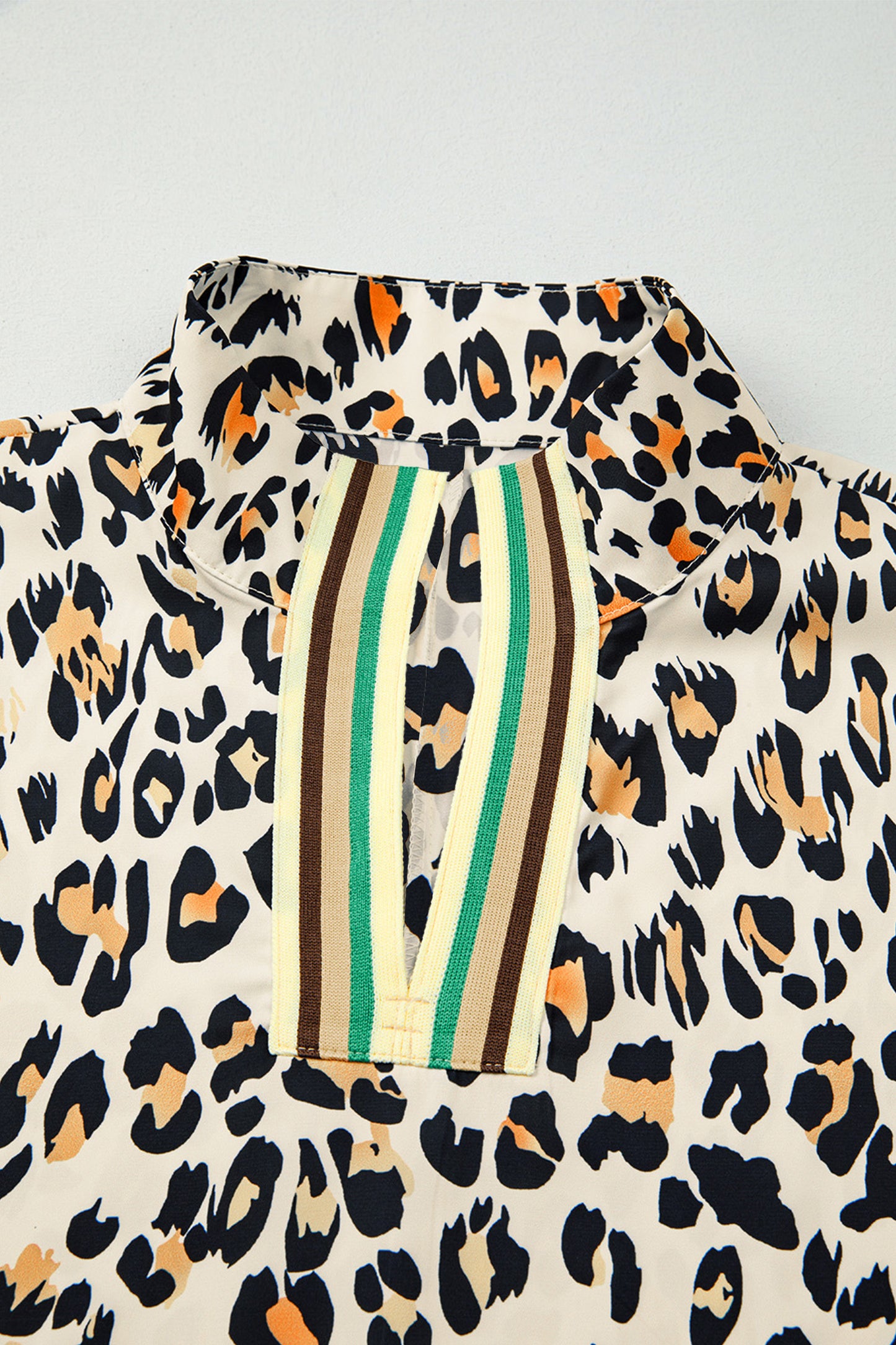 Khaki Leopard Color Block Contrast Striped V Neck Half Sleeve Loose Fit Blouse-Tops/Blouses & Shirts-[Adult]-[Female]-2022 Online Blue Zone Planet