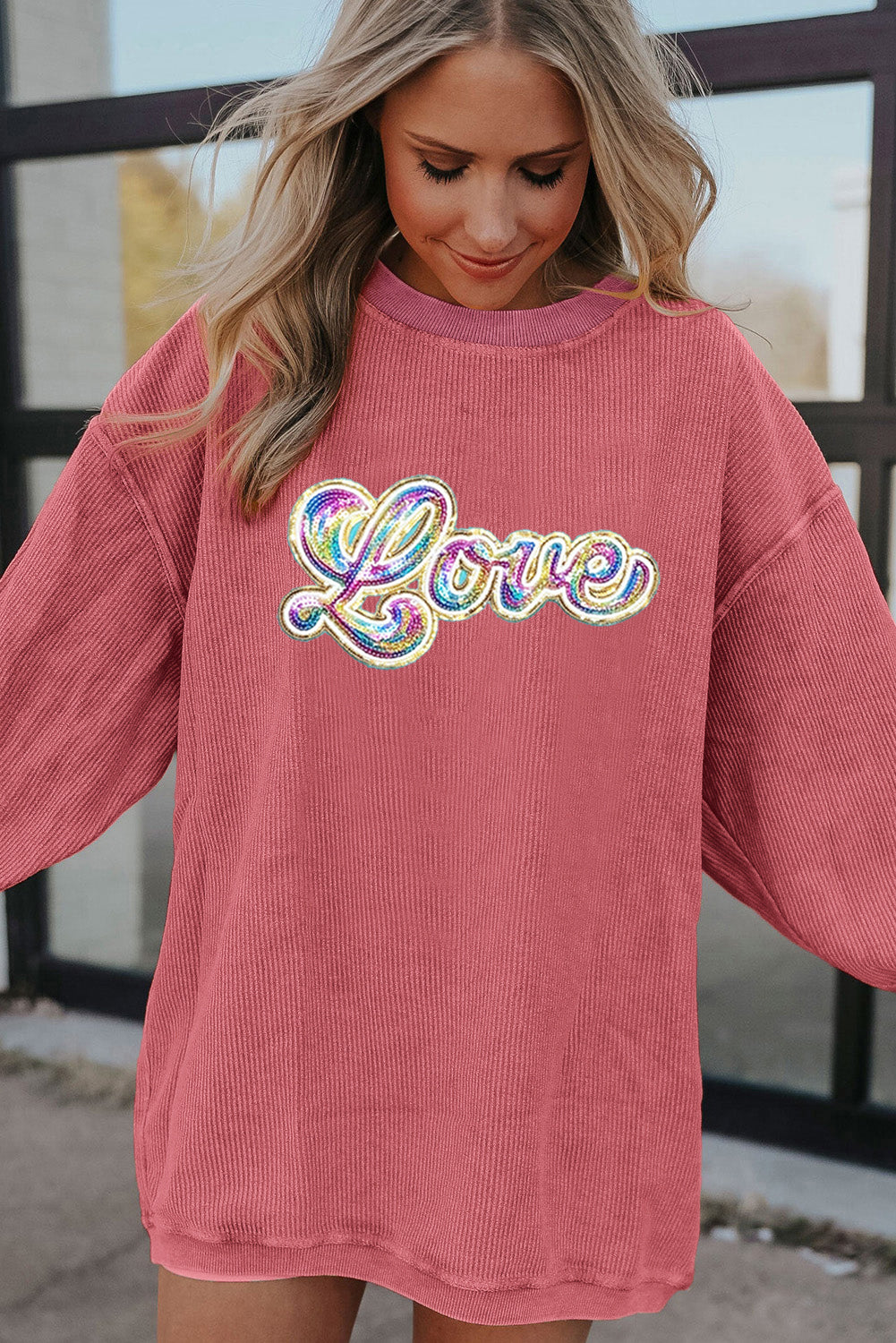 Strawberry Pink Sequin Love Graphic Corded Valentines Sweatshirt-Graphic Sweatshirts-[Adult]-[Female]-2022 Online Blue Zone Planet