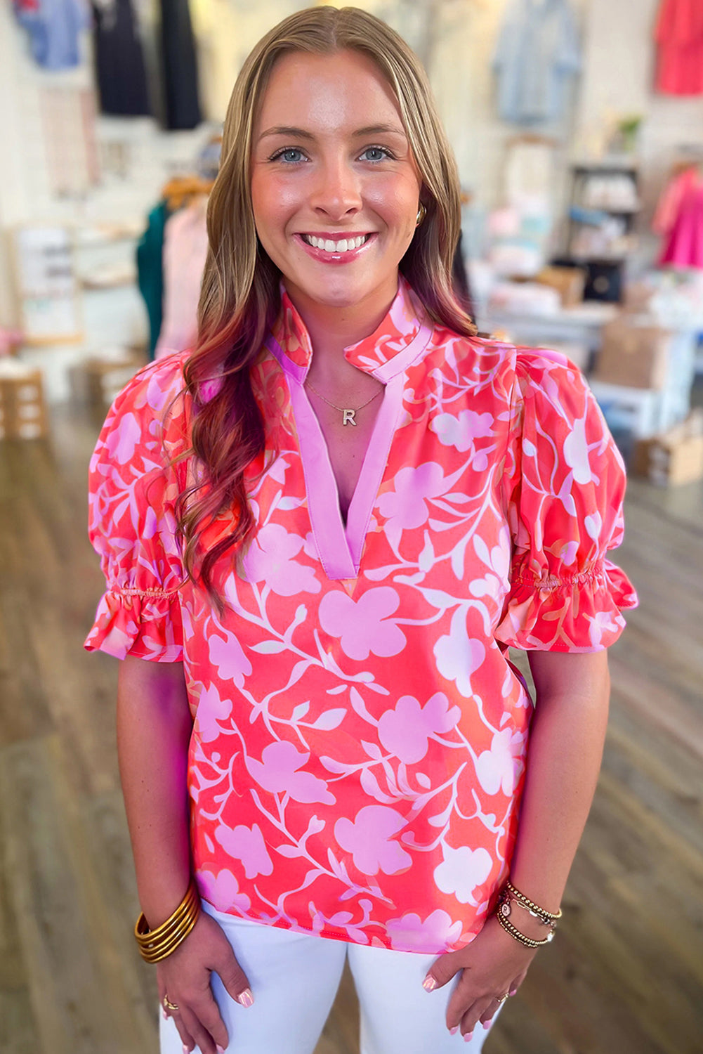 Red Floral Split V Neck Ruffled Short Sleeve Blouse Top-Tops/Blouses & Shirts-[Adult]-[Female]-2022 Online Blue Zone Planet