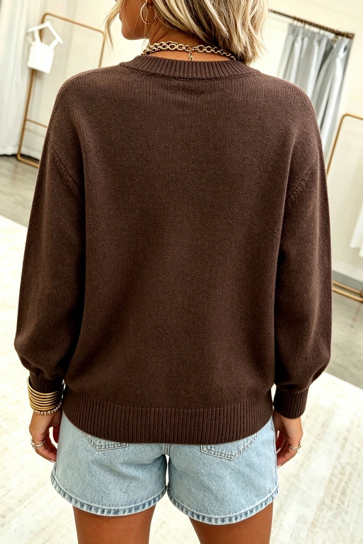 Chicory Coffee Embroidered Floral Round Neck Casual Shift Sweater-TOPS / DRESSES-[Adult]-[Female]-2022 Online Blue Zone Planet