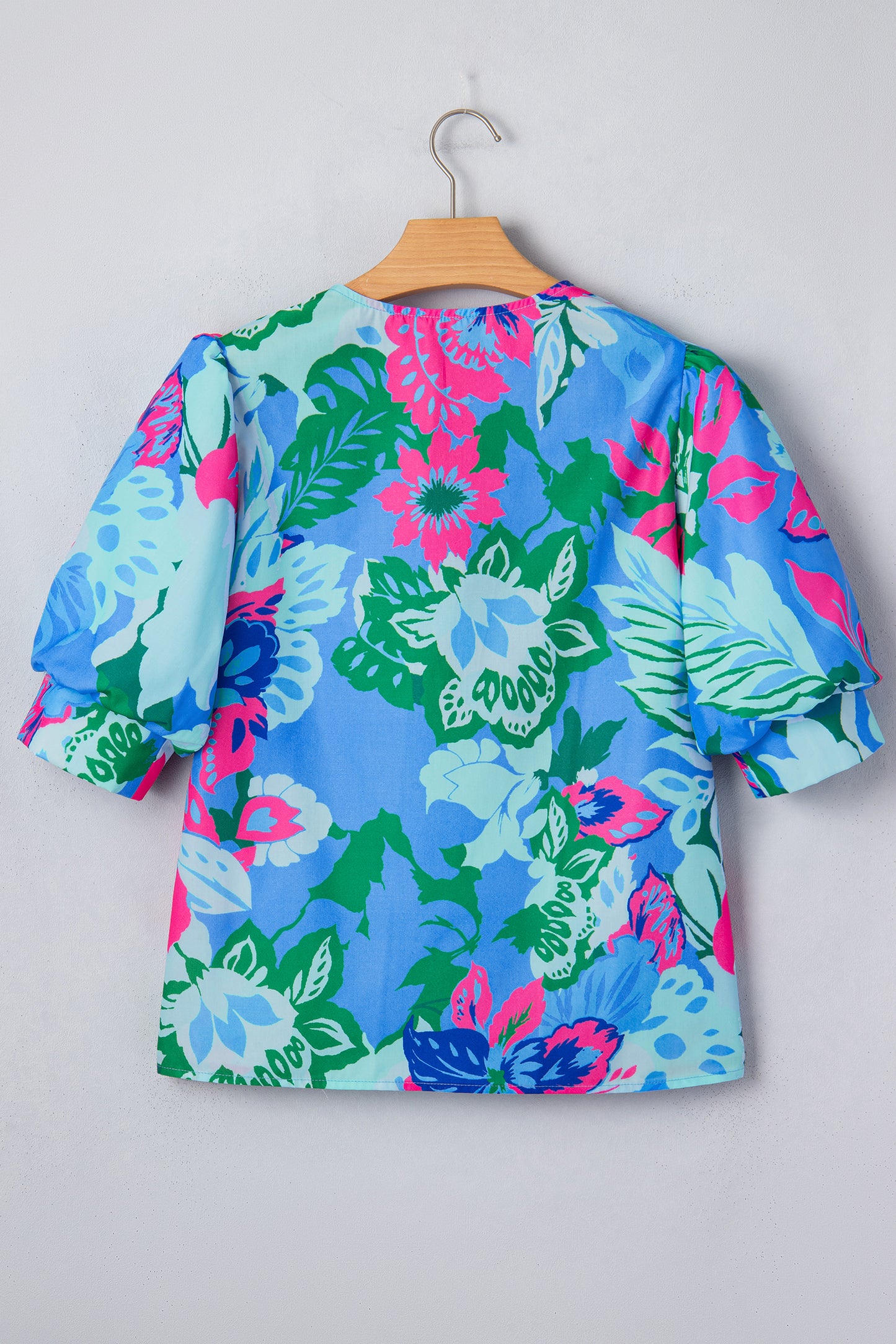 Sky Blue Floral Print V Neck Half Sleeve Blouse-Tops/Blouses & Shirts-[Adult]-[Female]-2022 Online Blue Zone Planet