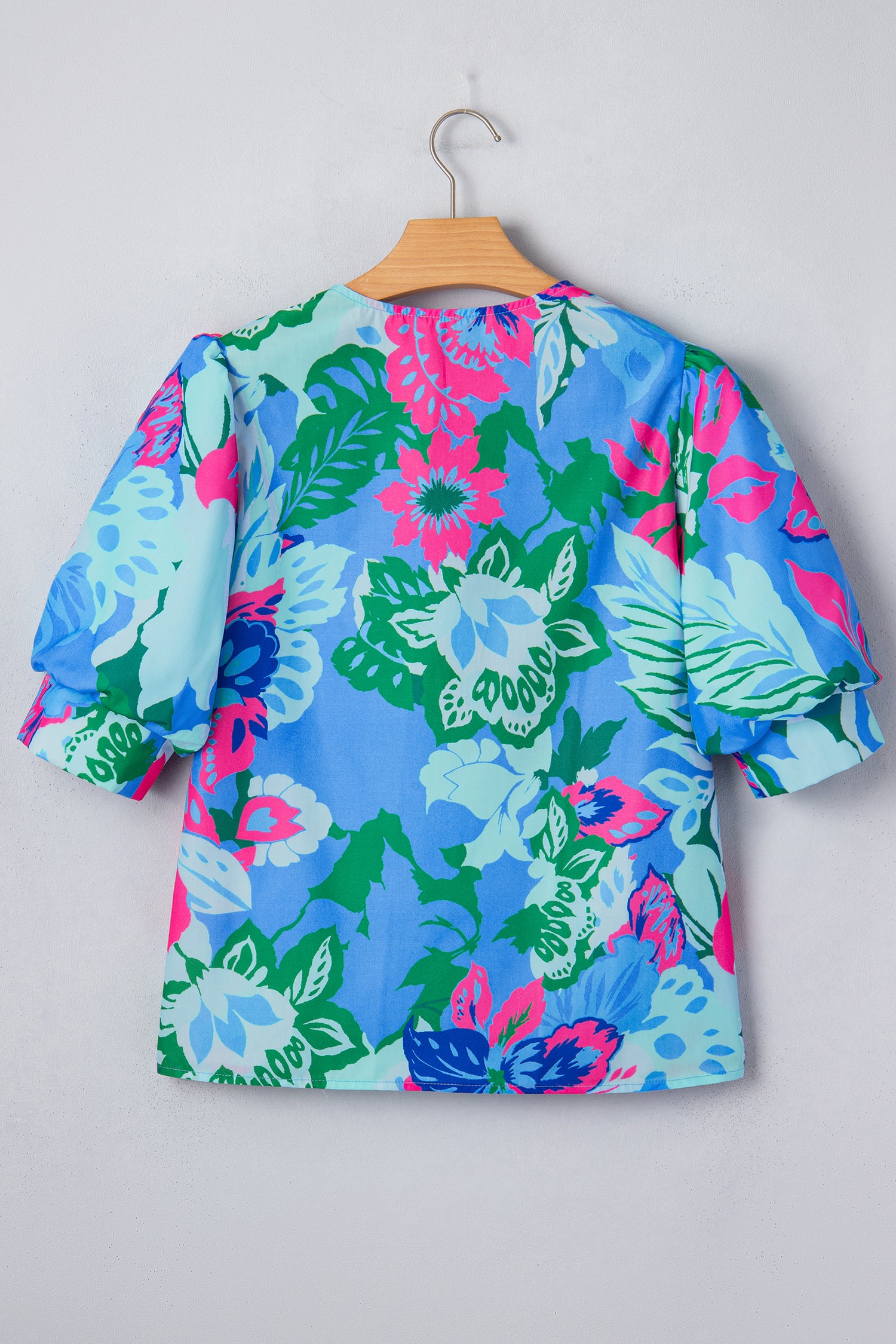 Sky Blue Floral Print V Neck Half Sleeve Blouse-Tops/Blouses & Shirts-[Adult]-[Female]-2022 Online Blue Zone Planet