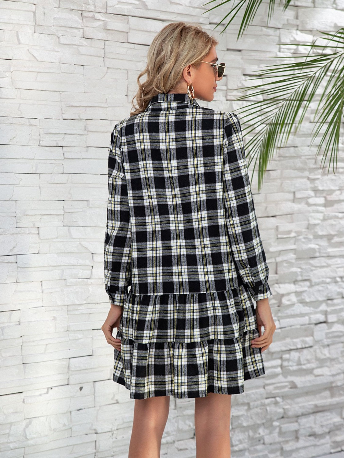 Ruffle Hem Plaid Button Down Long Sleeve Dress-TOPS / DRESSES-[Adult]-[Female]-2022 Online Blue Zone Planet