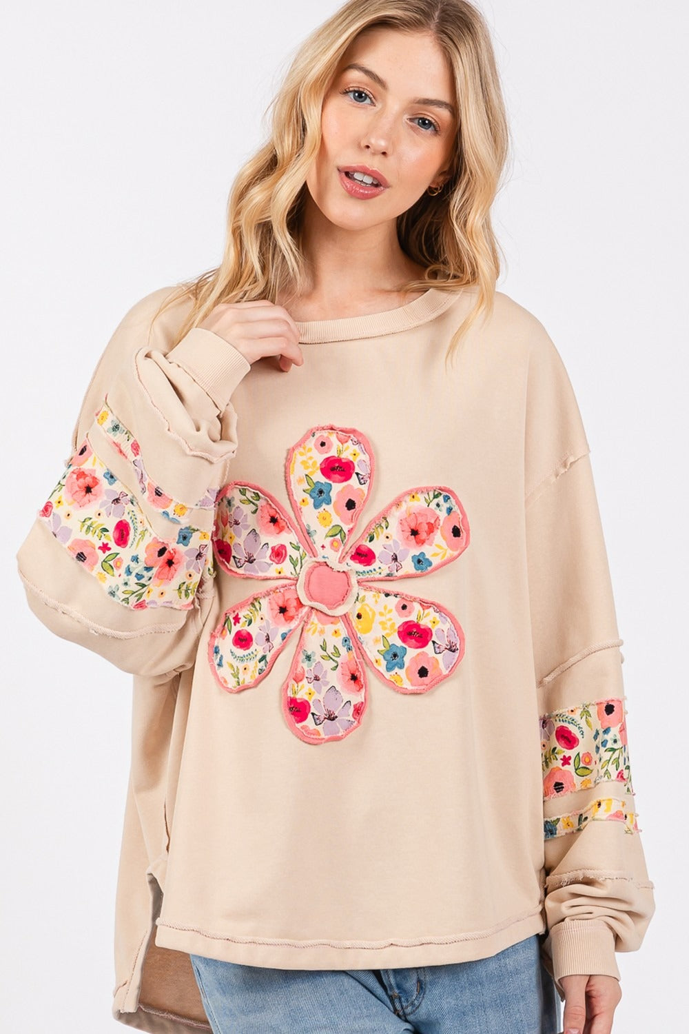 Blue Zone Planet | SAGE + FIG Daisy Patch Applique Long Sleeve Sweatshirt-TOPS / DRESSES-[Adult]-[Female]-2022 Online Blue Zone Planet