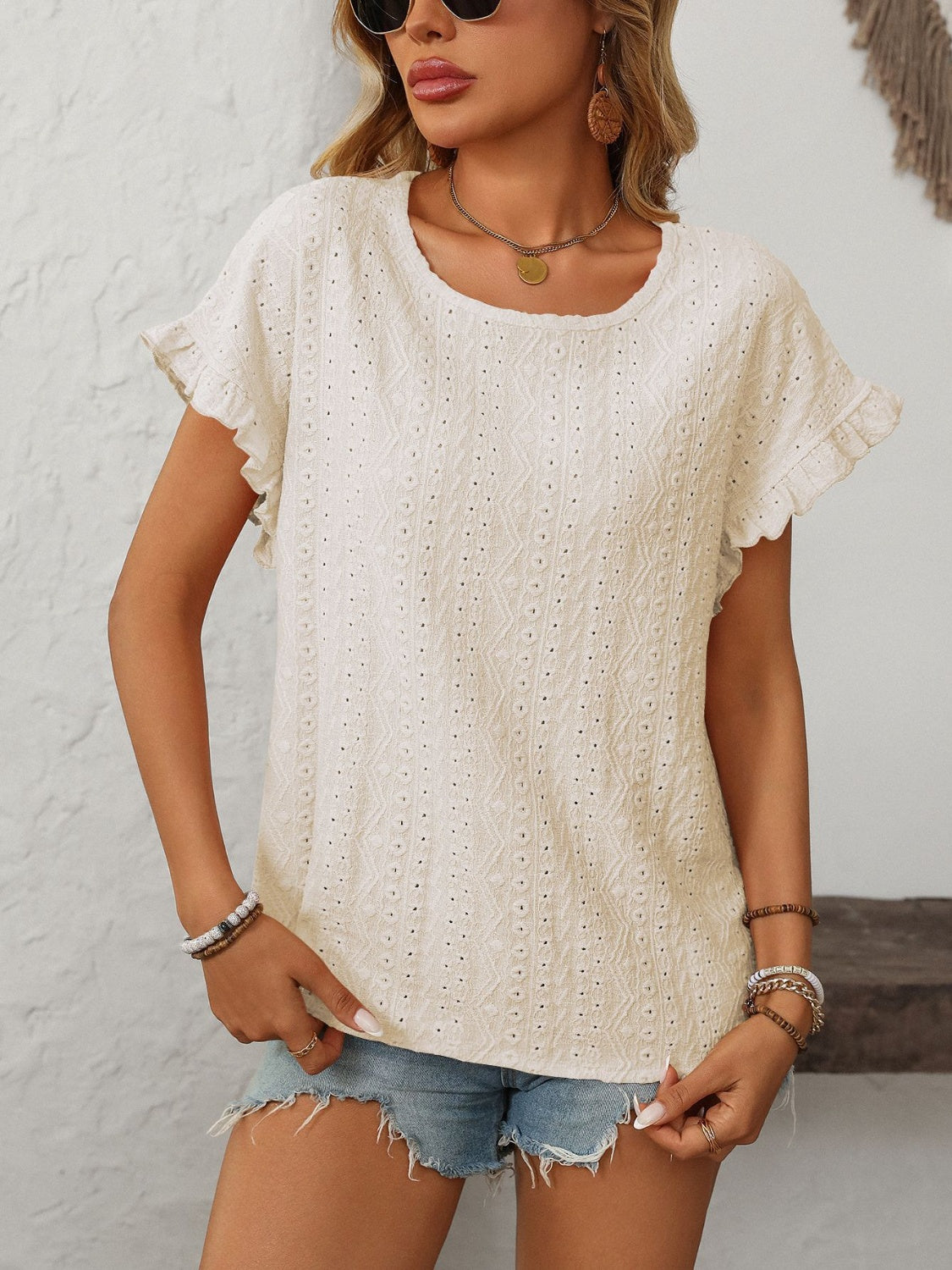 Mandy Eyelet Round Neck Short Sleeve Top-TOPS / DRESSES-[Adult]-[Female]-Cream-S-2022 Online Blue Zone Planet