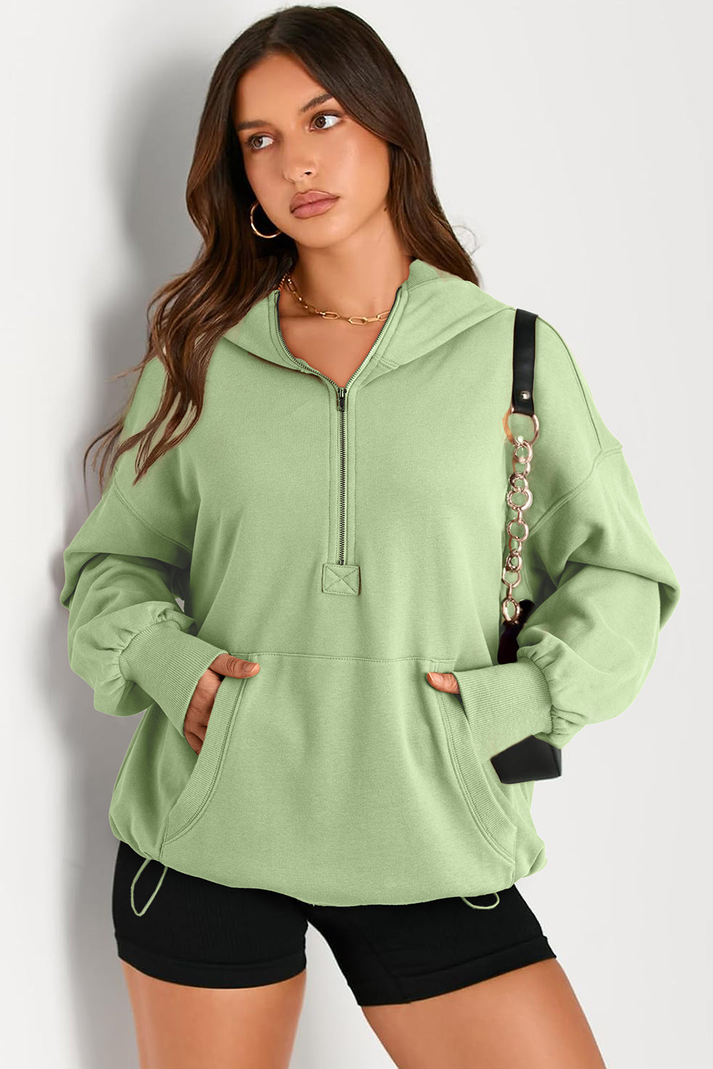 Pocketed Half Zip Long Sleeve Hoodie-HOODIES-[Adult]-[Female]-Light Green-S-2022 Online Blue Zone Planet