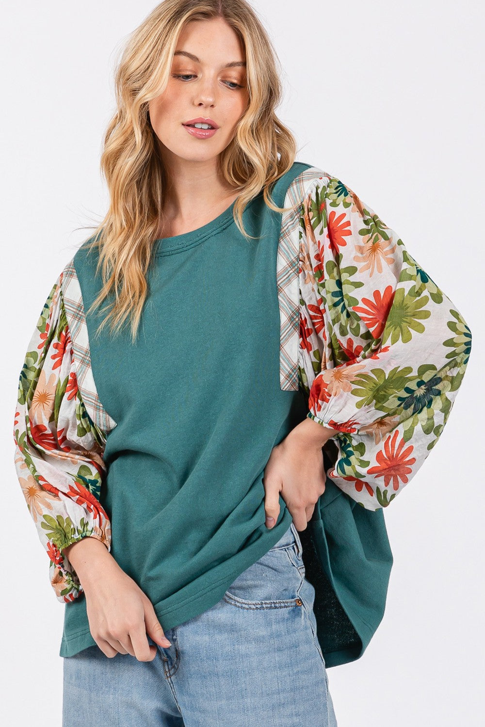 Blue Zone Planet | SAGE + FIG Full Size Printed Balloon Sleeve Contrast Top-TOPS / DRESSES-[Adult]-[Female]-2022 Online Blue Zone Planet