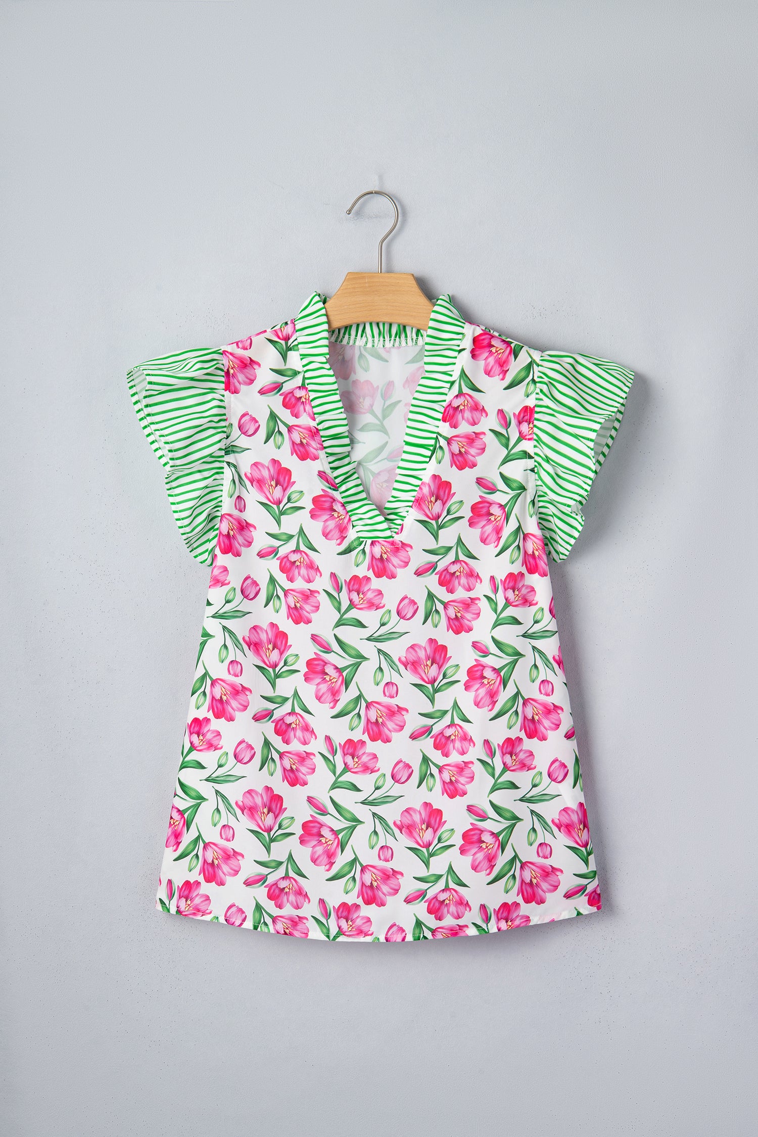 Multicolour Sweet Floral Print Striped Ruffle Trim V Neck Blouse-Tops/Blouses & Shirts-[Adult]-[Female]-2022 Online Blue Zone Planet