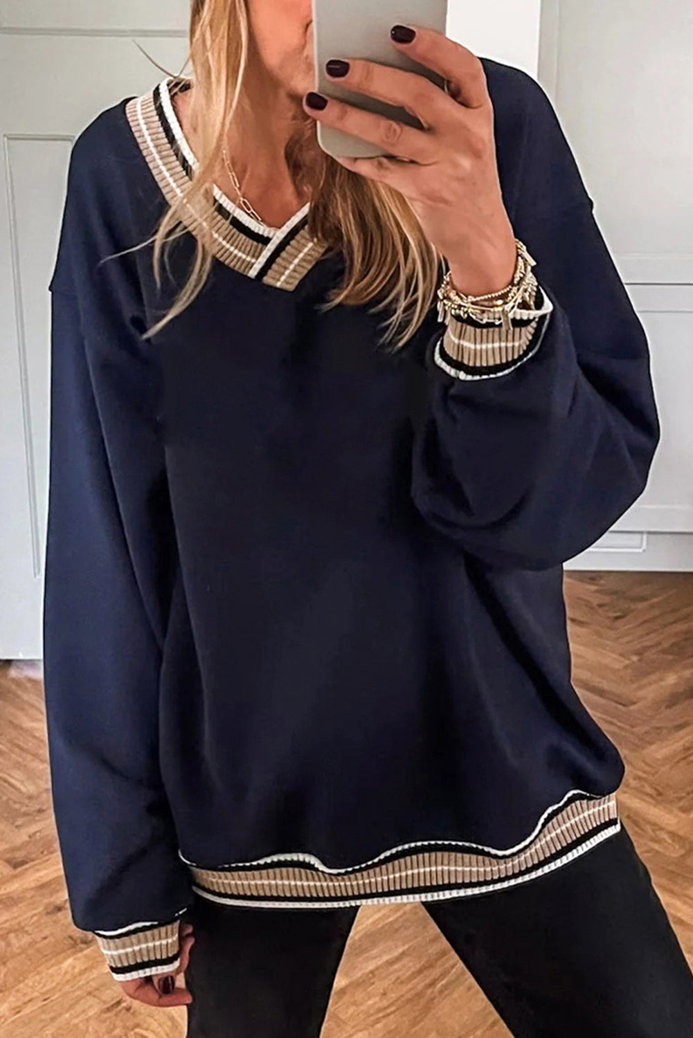 Navy Blue Varsity Contrast Striped Trim V Neck Sweatshirt-Tops/Sweatshirts & Hoodies-[Adult]-[Female]-Navy Blue-S-2022 Online Blue Zone Planet