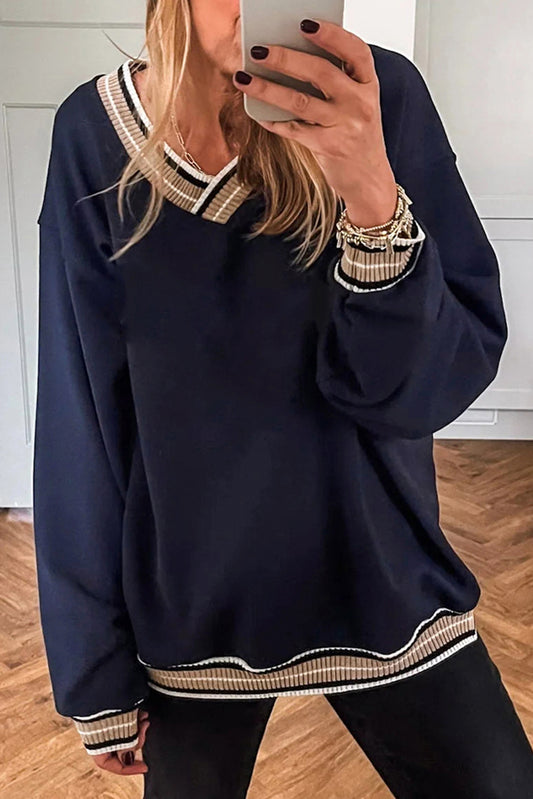 Navy Blue Varsity Contrast Striped Trim V Neck Sweatshirt-Tops/Sweatshirts & Hoodies-[Adult]-[Female]-Navy Blue-S-2022 Online Blue Zone Planet