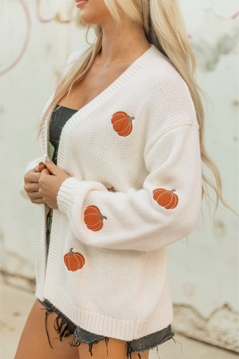White Pumpkin Print Open Front Drop Shoulder Midi Cardigan-Sweaters & Cardigans/Cardigans-[Adult]-[Female]-2022 Online Blue Zone Planet