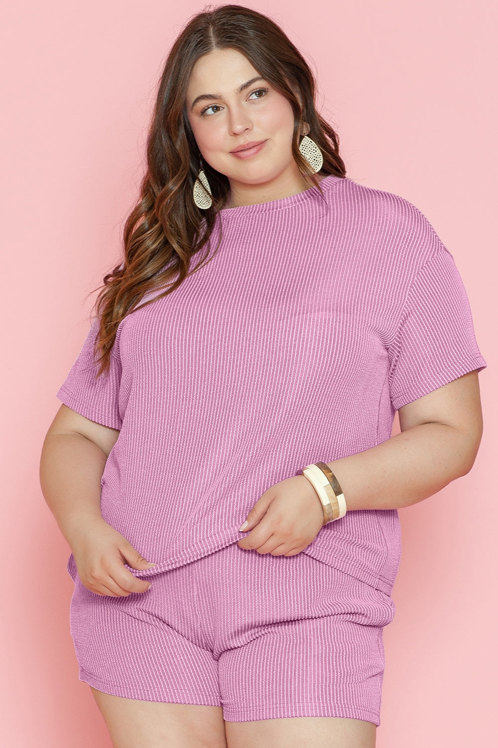 Blue Zone Planet | Plus Size Round Neck Short Sleeve Top and Shorts Set-TOPS / DRESSES-[Adult]-[Female]-2022 Online Blue Zone Planet