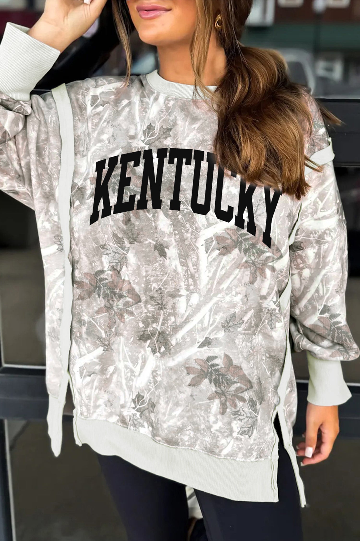 Gray KENTUCKY Raw Seam Detail Leafy Camouflage Baggy Sweatshirt-Graphic/Graphic Sweatshirts-[Adult]-[Female]-2022 Online Blue Zone Planet