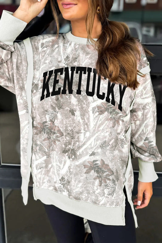 Gray KENTUCKY Raw Seam Detail Leafy Camouflage Baggy Sweatshirt-Graphic/Graphic Sweatshirts-[Adult]-[Female]-2022 Online Blue Zone Planet