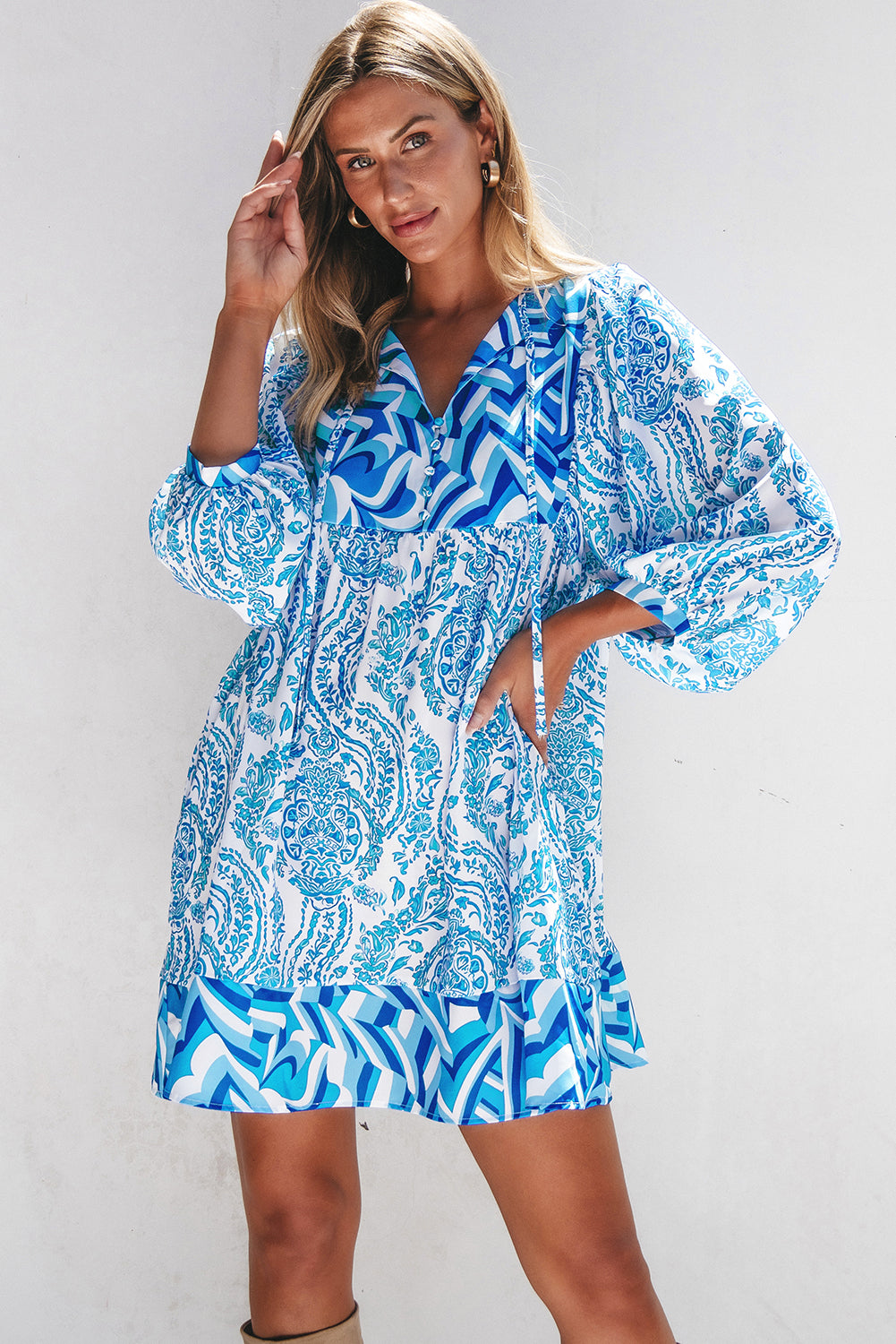 Sky Blue Bohemian Print Puff Sleeve Tied V Neck Flared Mini Dress-Dresses/Mini Dresses-[Adult]-[Female]-2022 Online Blue Zone Planet