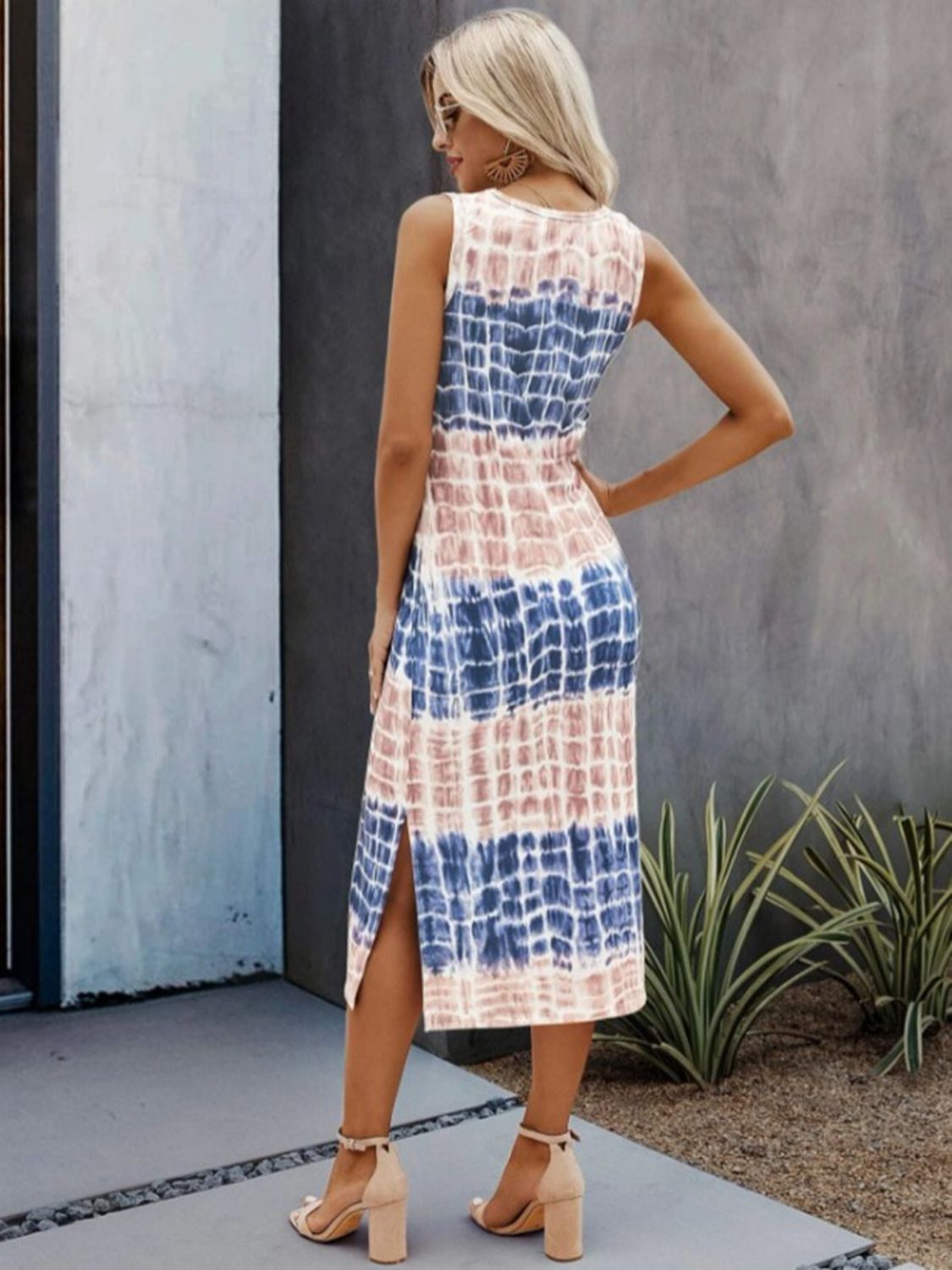 Slit Printed Round Neck Sleeveless Dress-TOPS / DRESSES-[Adult]-[Female]-2022 Online Blue Zone Planet