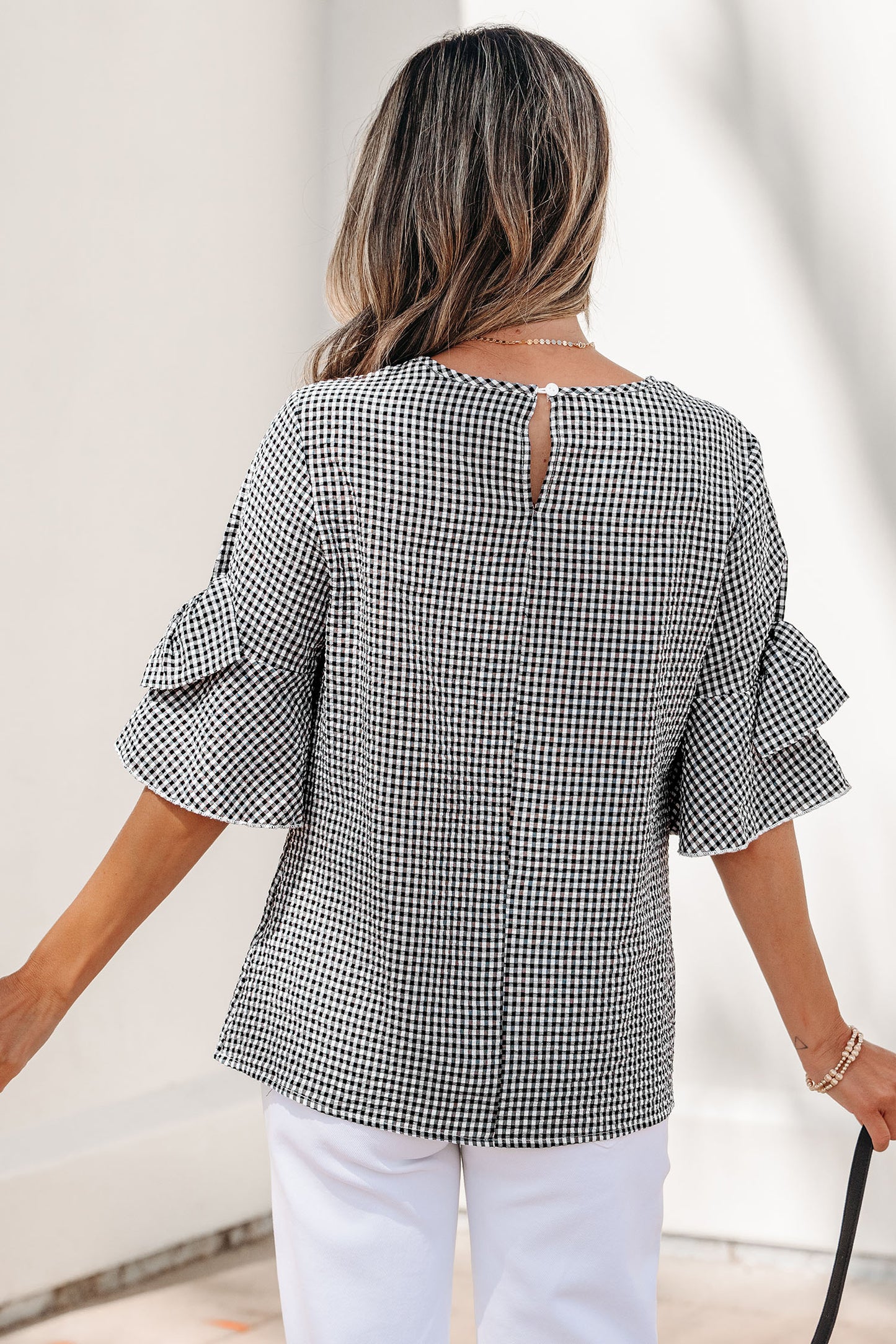 Black Plaid Bow Ruffled Half Sleeve Round Neck Blouse-Tops/Blouses & Shirts-[Adult]-[Female]-2022 Online Blue Zone Planet