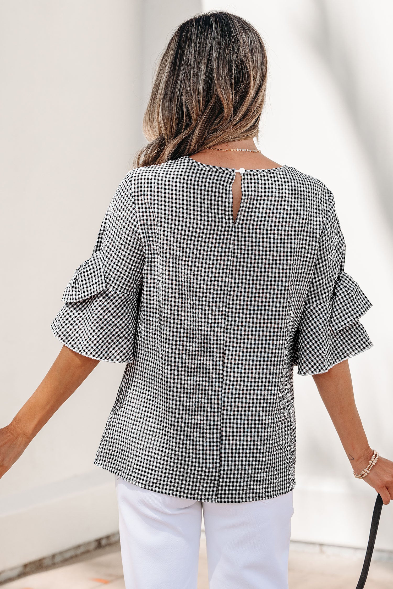 Black Plaid Bow Ruffled Half Sleeve Round Neck Blouse-Tops/Blouses & Shirts-[Adult]-[Female]-2022 Online Blue Zone Planet