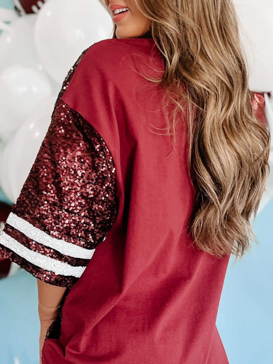 Blue Zone Planet | Sequin Football Round Neck Half Sleeve Oversize Top-TOPS / DRESSES-[Adult]-[Female]-2022 Online Blue Zone Planet