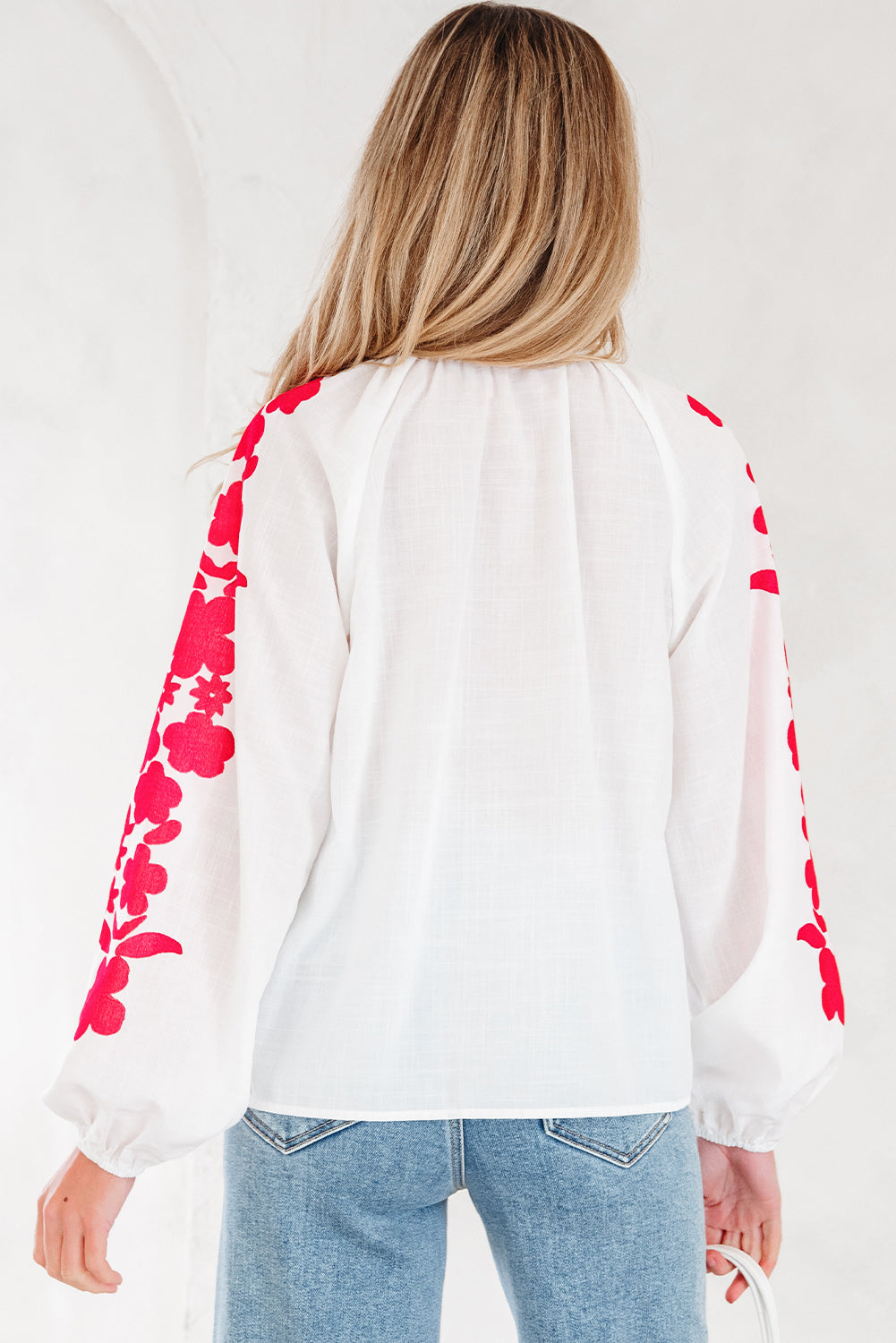 White Floral Embroidered Puff Long Sleeve Casual Shirt-Tops/Blouses & Shirts-[Adult]-[Female]-2022 Online Blue Zone Planet