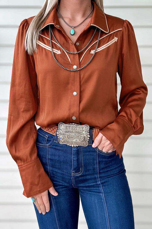 Cinnamon Silky Long Sleeve Button Front Western Fashion Shirt-Tops/Blouses & Shirts-[Adult]-[Female]-Cinnamon-S-2022 Online Blue Zone Planet