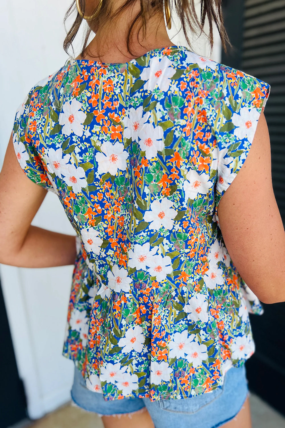 Green Floral Print Bow Applique Slit Sleeveless Peplum Blouse-Tops/Blouses & Shirts-[Adult]-[Female]-2022 Online Blue Zone Planet