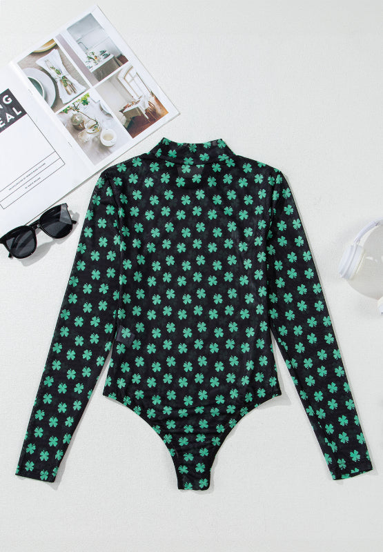 Lucky Clover Mock Neck Long Sleeve Bodysuit-TOPS / DRESSES-[Adult]-[Female]-2022 Online Blue Zone Planet