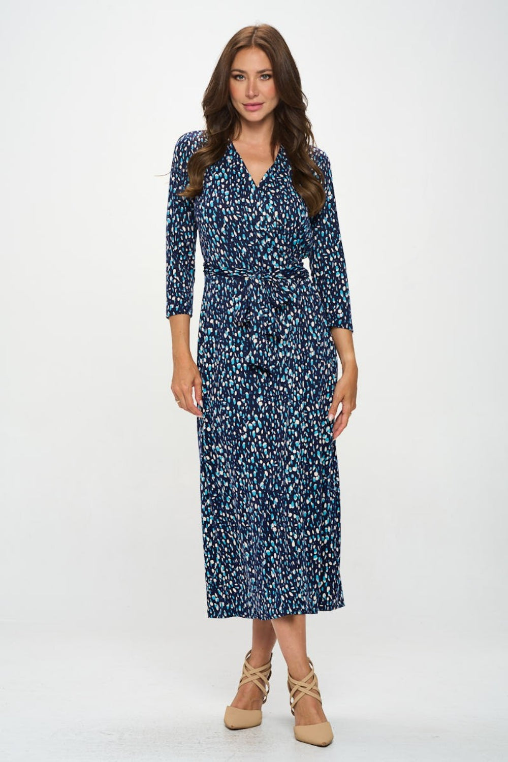 RENEE C Printed Tie Front Surplice Midi Dress-TOPS / DRESSES-[Adult]-[Female]-2022 Online Blue Zone Planet